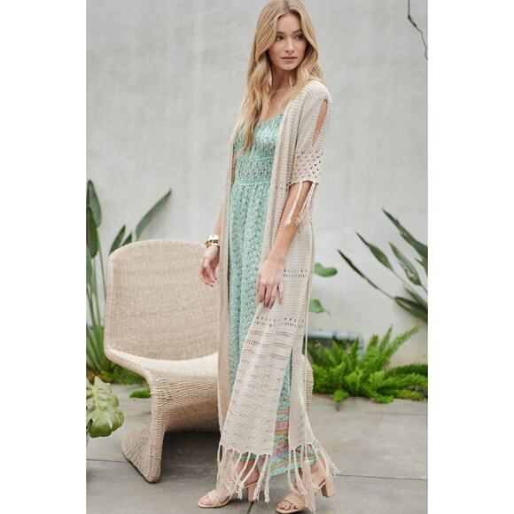 🎀Davi & Dani Solid Short Sleeves Side Slits Fringe Detail Cardigan | Size S/M - Picture 5 of 9